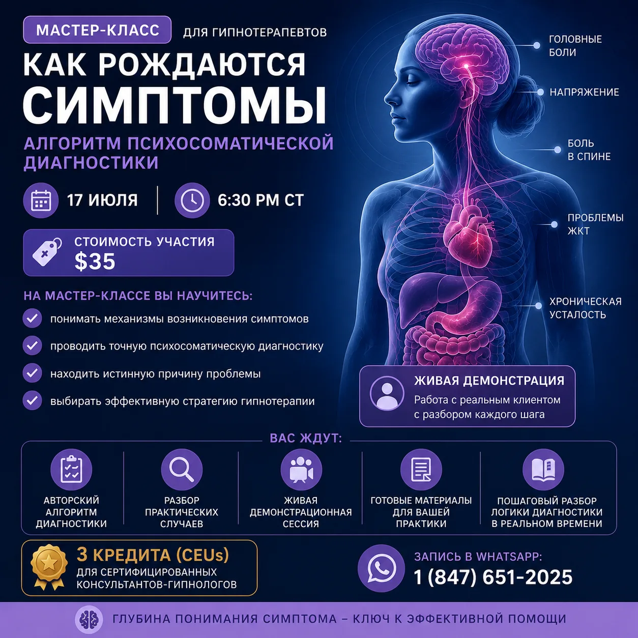 How Symptoms Develop: Psychosomatic Assessment Algorithm. Russian-language online workshop for consulting hypnotists with a live demonstration.